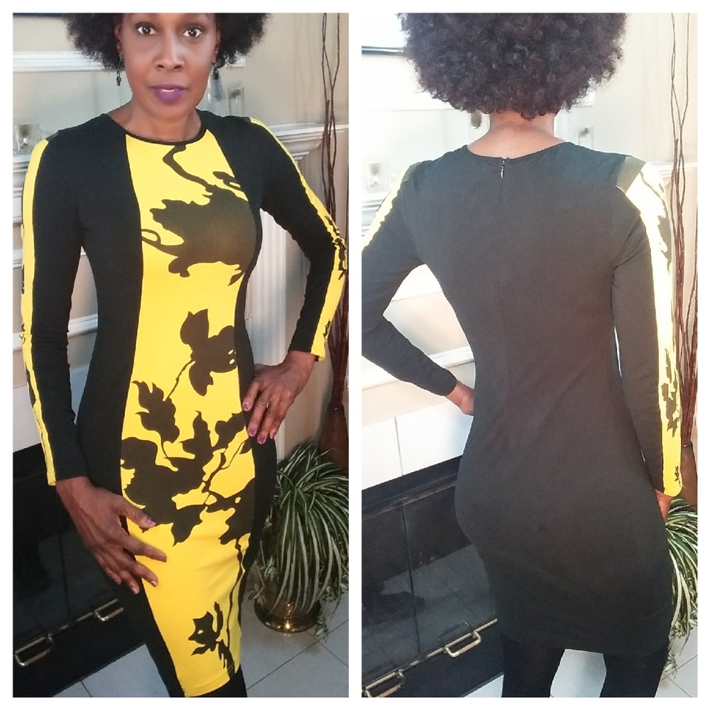 Black and Yellow Bodycon Dress Size Medium Womens